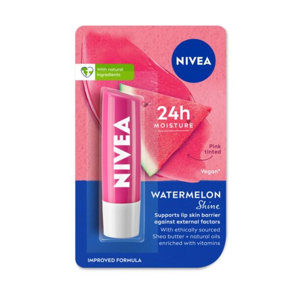 NIVEA Watermelon Shine 4.8g Lip Balm | 24 H Melt in Moisture Formula | Natural Oils | Glossy Finish,4.8 g (Pack of 1)