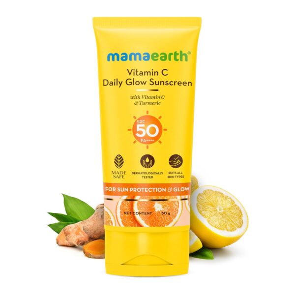Mamaearth Vitamin C Daily Glow Sunscreen with Vitamin C & Turmeric for Sun Protection & Glow | SPF 50 & PA++++ Protection | No White Cast | Lightweight & Non-Sticky | Brightens Skin | For All Skin Types | 80 g