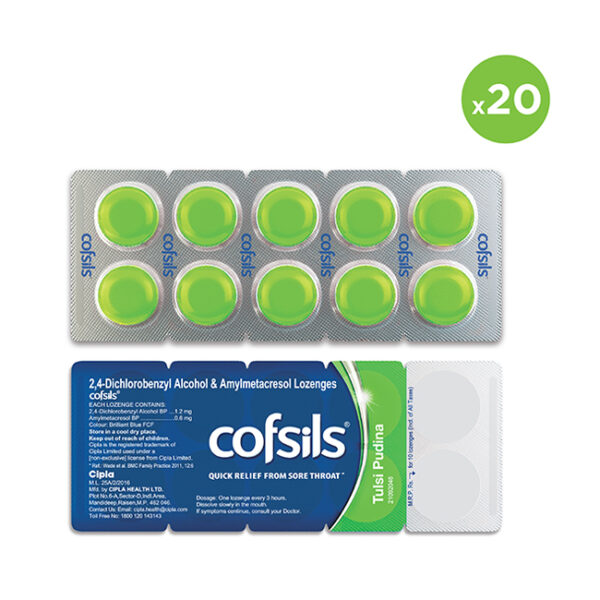 Cipla Cofsils Tulsi Pudina Lozenges – Sore Throat & Cough Relief | 20 Lozenges UK