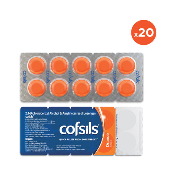 Cipla Cofsils Lozenges Orange – 20 Lozenges | Sore Throat Relief