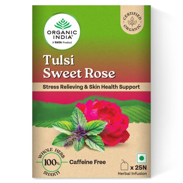 Organic India Tulsi Sweet Rose – 25 Tea Bags | Stress Relief & Radiant Skin Support | Certified Organic Herbal Tea UK