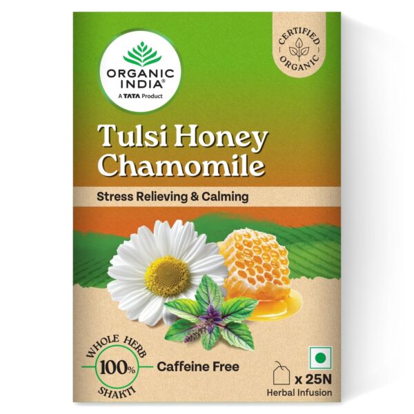 Organic India Tulsi Honey Chamomile Infusion - 25 Tea Bags, Certified Organic, Stress Relief, Calming, Promotes Sleep, Caffeine-Free