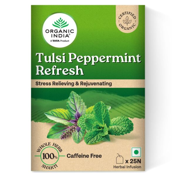 ORGANIC INDIA Tulsi Peppermint Refresh – 25 Tea Bags | Stress Relieving & Rejuvenating Herbal Tea | Buy Online in the United Kingdom