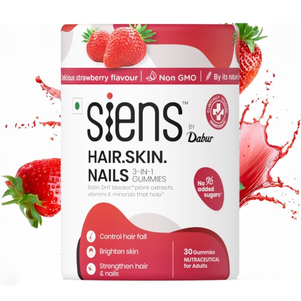 Siens By Dabur Hair, Skin & Nails 3-in-1 Gummies – 30 Pieces | Enriched with Biotin, DHT Blocker, Plant Extracts, Vitamins & Minerals | Brightens Skin, Controls Hairfall & Strengthens Nails – Available in the United Kingdom