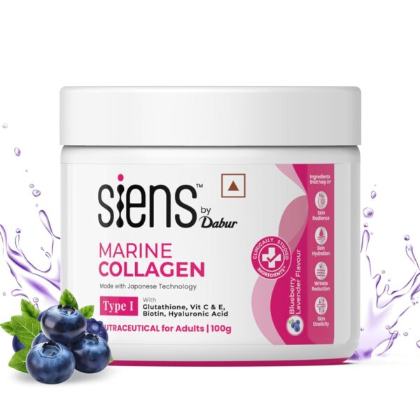 Siens By Dabur Hydrolyzed Marine Collagen – 100 g | Japanese Technology | Women’s Skin Radiance & Hydration | Blueberry Lavender Flavour | Available in the United Kingdom | mycosmedics.uk
