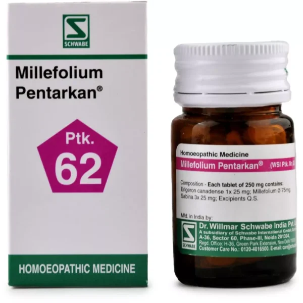 Buy Dr Willmar Schwabe India Millefolium Pentarkan PTK 62 (20g Tablets) for Excessive Uterine Bleeding – Natural Homeopathic Remedy in United Kingdom | www.mycosmedics.uk
